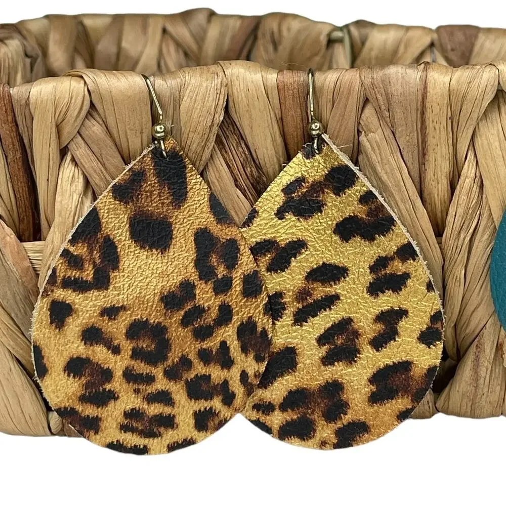 Faux Leather Teardrop Earrings Set of Two Metallic Leopard Print and Solid Teal